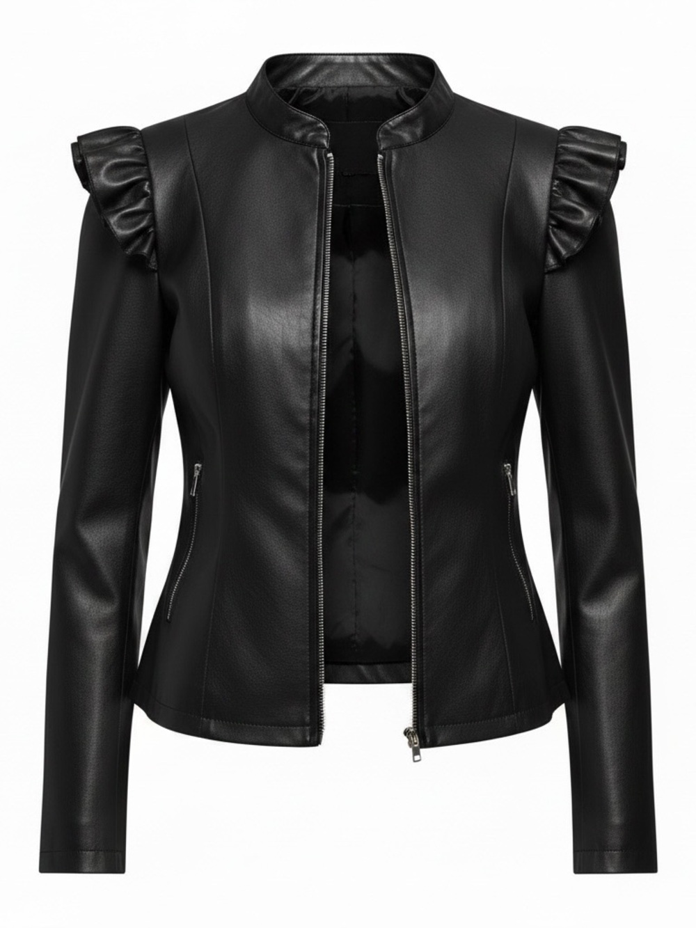 SHEIN XL 0X Black Faux Vegan Leather Zip Jacket Ruffles On Shoulders - Picture 4 of 14
